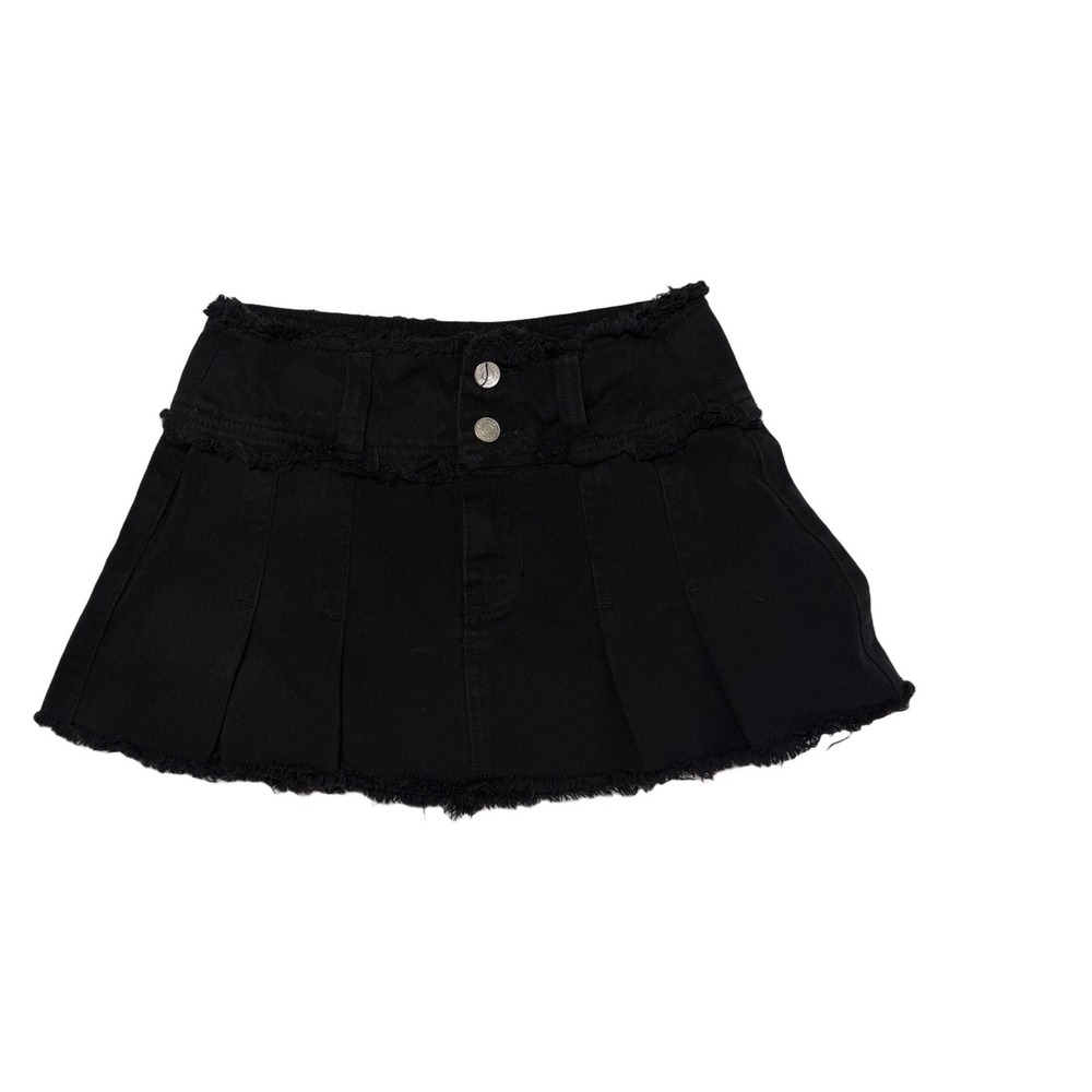 PacSun Downtown Girl Black Pleated Distressed Raw Frayed Hem Denim Mini Skirt